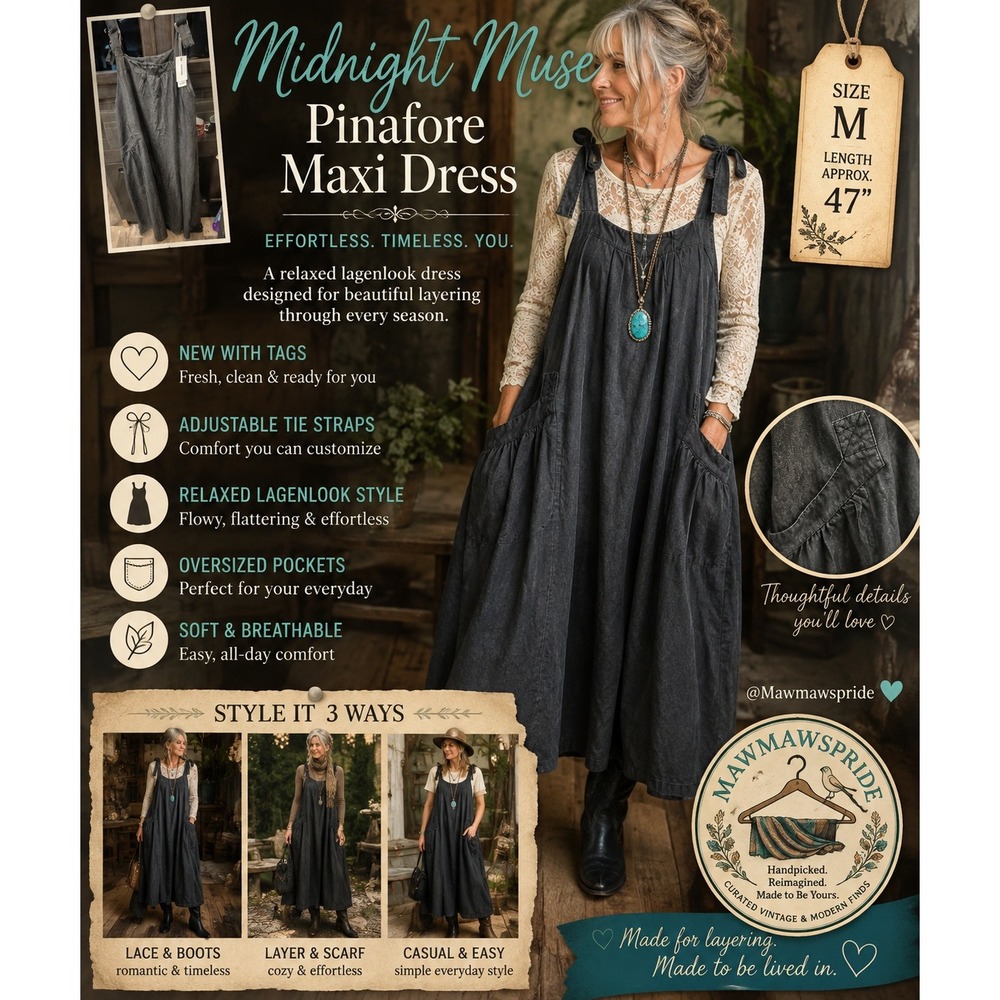 Midnight Muse – NWT Black Lagenlook Pinafore Maxi Dress Adjustable Tie Strap